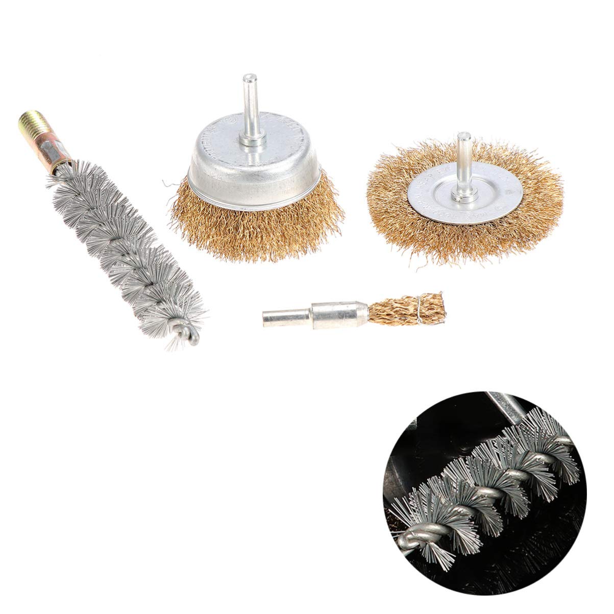Unomor 4 Pcs Wire Wheel Brush Set for Surface Cleaning Removal and Polishing Abrasive Tools for Rotary Drill Accessories Random Color