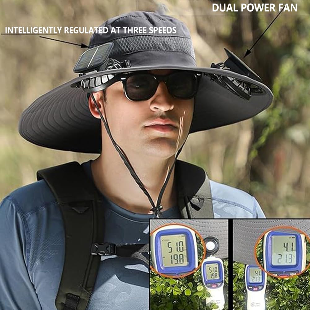 Sombrero de pesca de ala ancha para exteriores con 2 ventiladores solares, impermeable, carga USB, ventilador, protección UV UPF 50+
