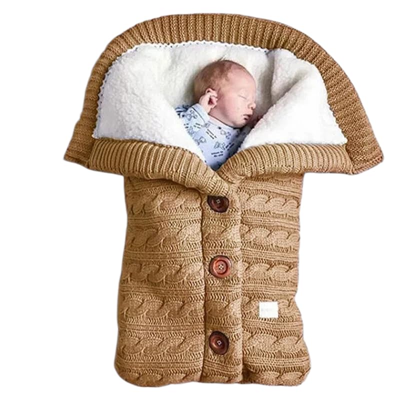 baby fleece knitted pram blanket set with pillow, soft cuddle blanket for newborn girls and boys, pink baby accessories for 0-12 months, 68 x 40 cm (Khaki brown)