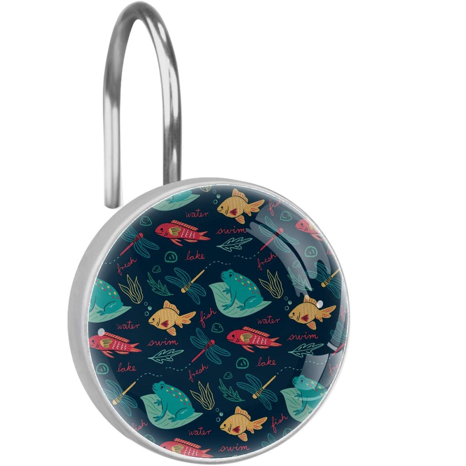 Crochets de rideau de douche anti-rouille en inox, anneaux robustes bleu libellule et grenouille