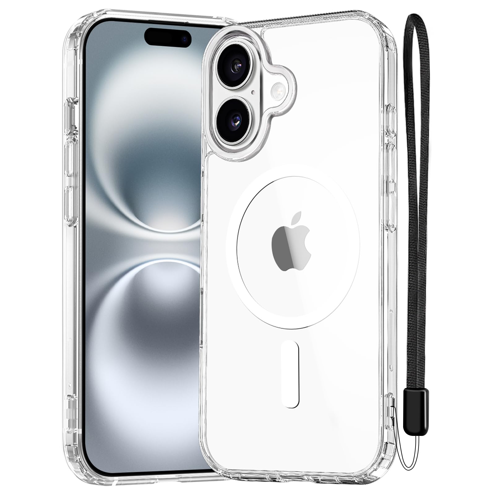 NEW'C Magnetisch Hülle für iPhone 16 (6,1 Zoll) kompatibel mit MagSafe Ultimate, stoßfest-starker Magnetismus und militärischer Schutz-schlanke Hülle mit Umhängeband-Transparent