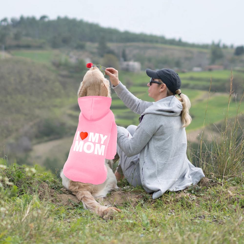 Hundepullover, Hunde-Kapuzenpullover für kaltes Wetter, Kapuzen-Sweatshirt für Welpen, Katzen, kleine, mittelgroße und große Hunde, Rosa (I Love My Mom), Größe XS