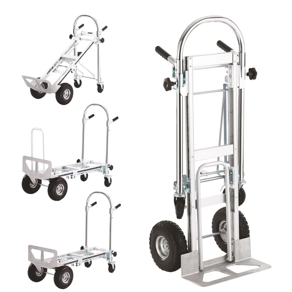 Diable Aluminium 3 en 1 - Charge Maxi 250kg - 2 Roues pivotantes - 2 Roues gonflables - Plateau 45,5 x 18 cm