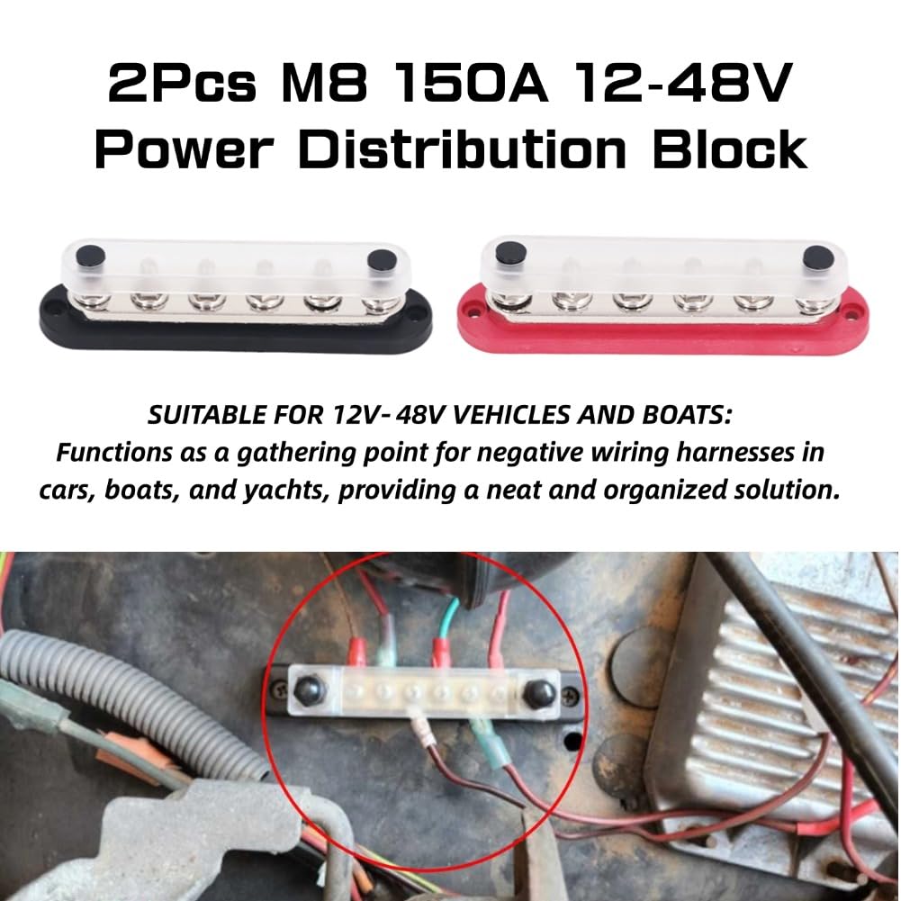 Barra del Bus della Batteria 2 Pezzi, Blocco di Distribuzione Alimentazione 6 Terminali M8 150A con Coperchio, 48V CC, per Veicoli, Rimorchi, Barche