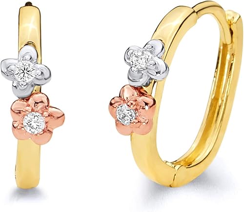 Aretes tipo argolla con circonita cúbica de 14 quilates de oro tricolor de 0.157 in de grosor (0.472 x 0.472 in), Oro de 14 quilates, Circonia cúbica