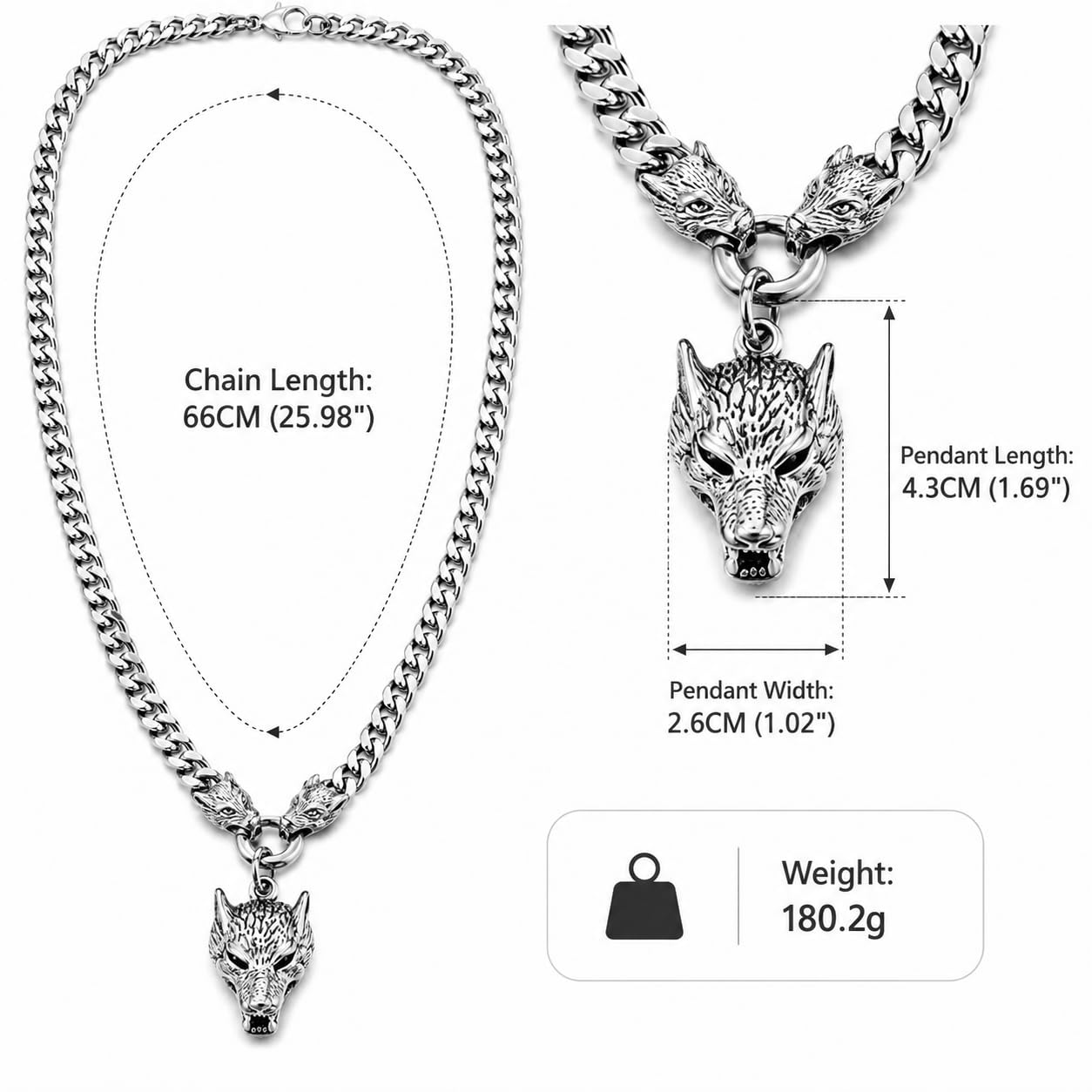COOLSTEELANDBEYOND Collana da Uomo in Acciaio Inossidabile con Tripla Testa di Lupo, Catena Groumette Vichinga Norrena, Ciondolo Predatore a Maglia Cubana, Gioiello Biker Grintoso, Regalo per Lui