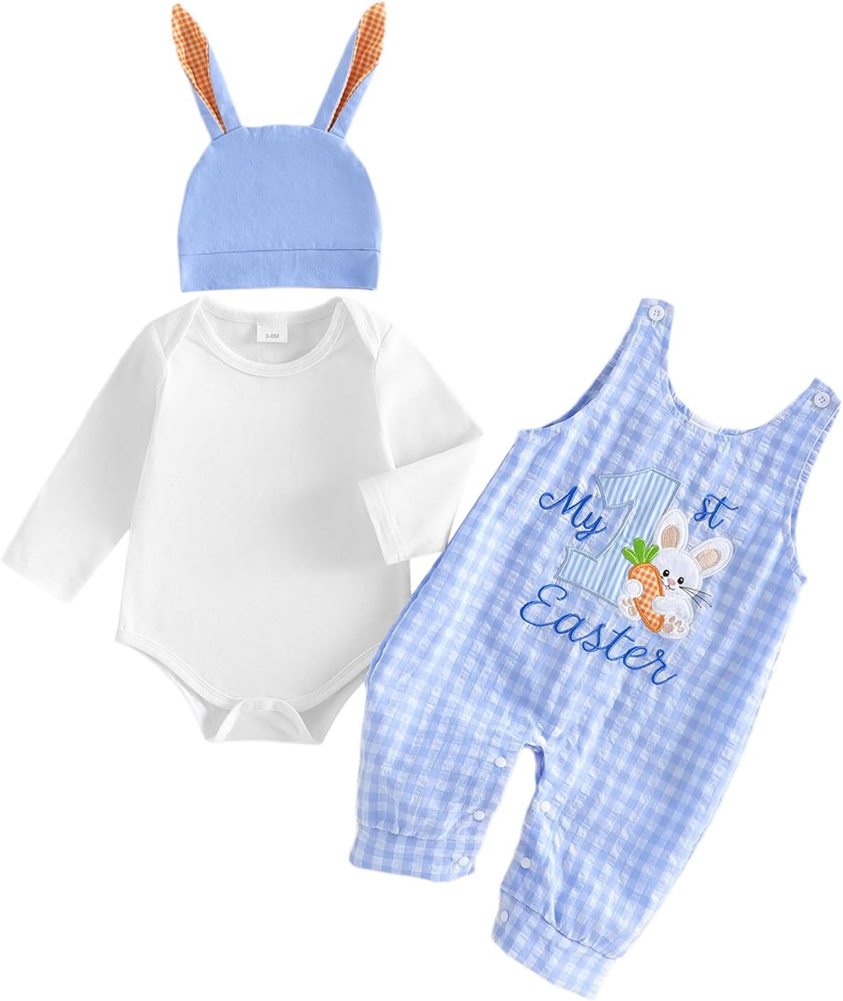Baby Boy My First Easter Outfit Long Sleeve Romper with Embroidery Rabbit Overall Pants and Hat Infant Outfit