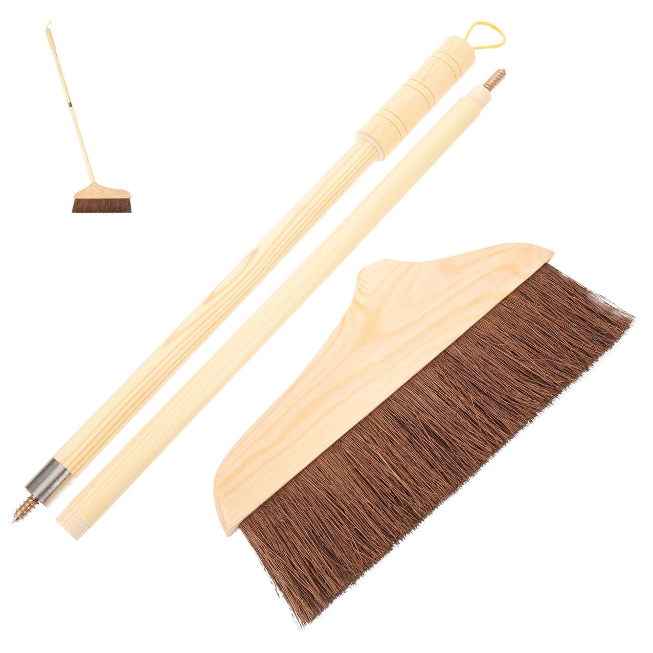 Scopa Manico in Legno e Setole di Palma Angolata per Pulizia Casa, Spazzola Resistente per Pavimenti e Mobili, Design Ergonomico per Uso Quotidiano