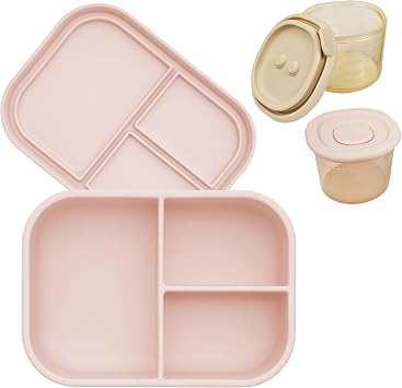 Ali+Oli Mealtime Learning Bundle Silicone Bento Box + 2 4 oz Containers Pink SpillProof, Microwave & Dishwasher Safe Toddler Lunch & Snack Set