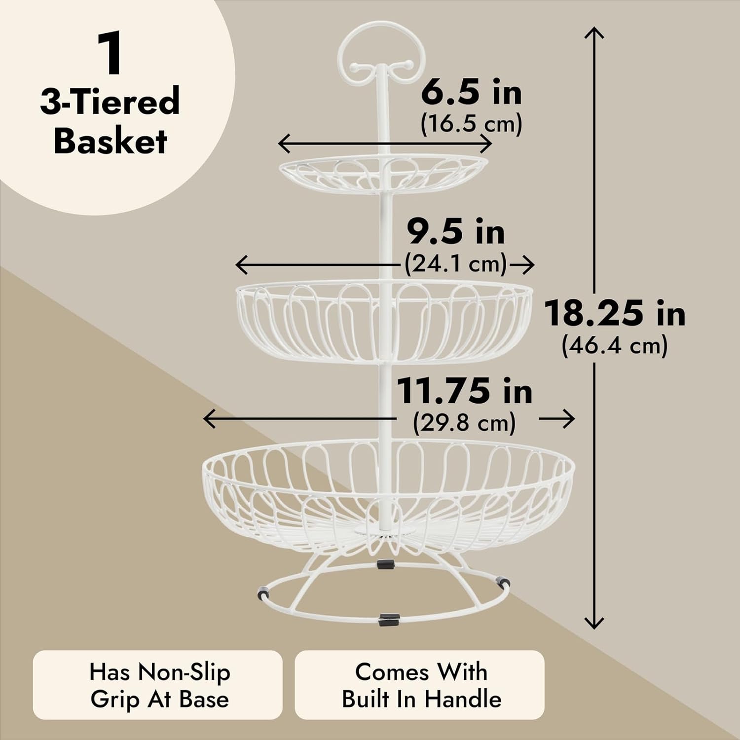 Juvale Countertop Fruit Bowl 3-Tier Wire Fruit Basket - 18.25 in Tall, White Metal, Classic Round Style - Space-Saving Kitchen Organizer & Produce Stand with Tool-Free Assembly & Carry Handle