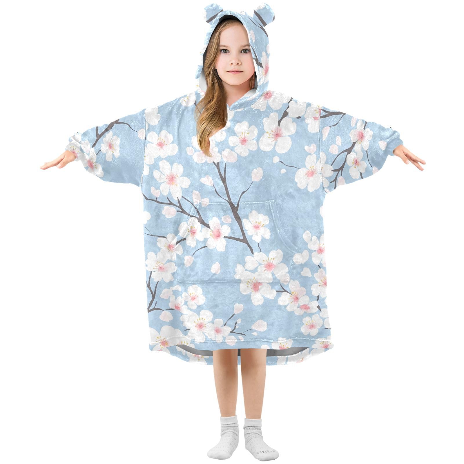 Kids Oversized Blanket Hoodie, Cherry Blossom Blue Warm Fleece Sweatshirt Plush Wearable for Girls Boys, Front Roomy Pocket, Cute Ear Cap, Large
