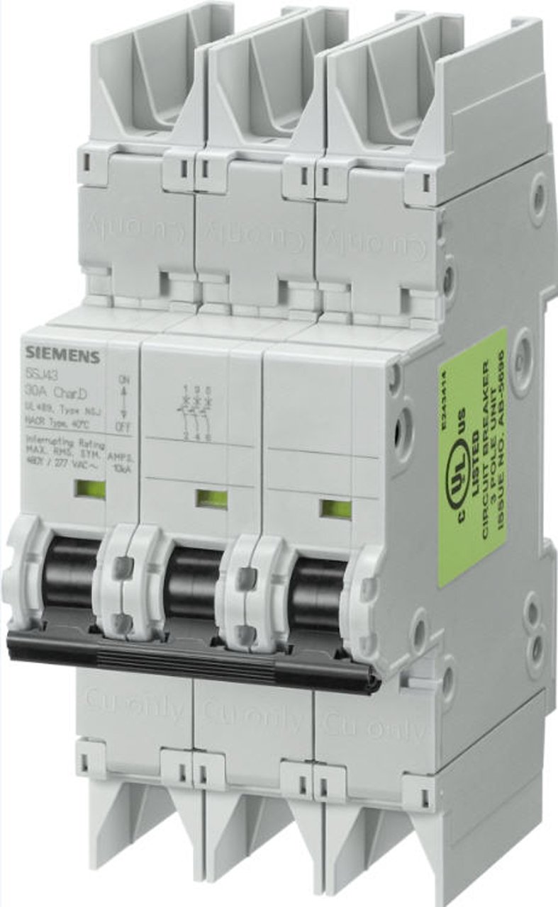 Siemens 5SJ43407HG42 Miniature Circuit Breaker, UL 489 Rated, 3 Pole Breaker, 40 Ampere Maximum, Tripping Characteristic C, DIN Rail Mounted, Type NSJ, 480Y/277 VAC, 125 VDC