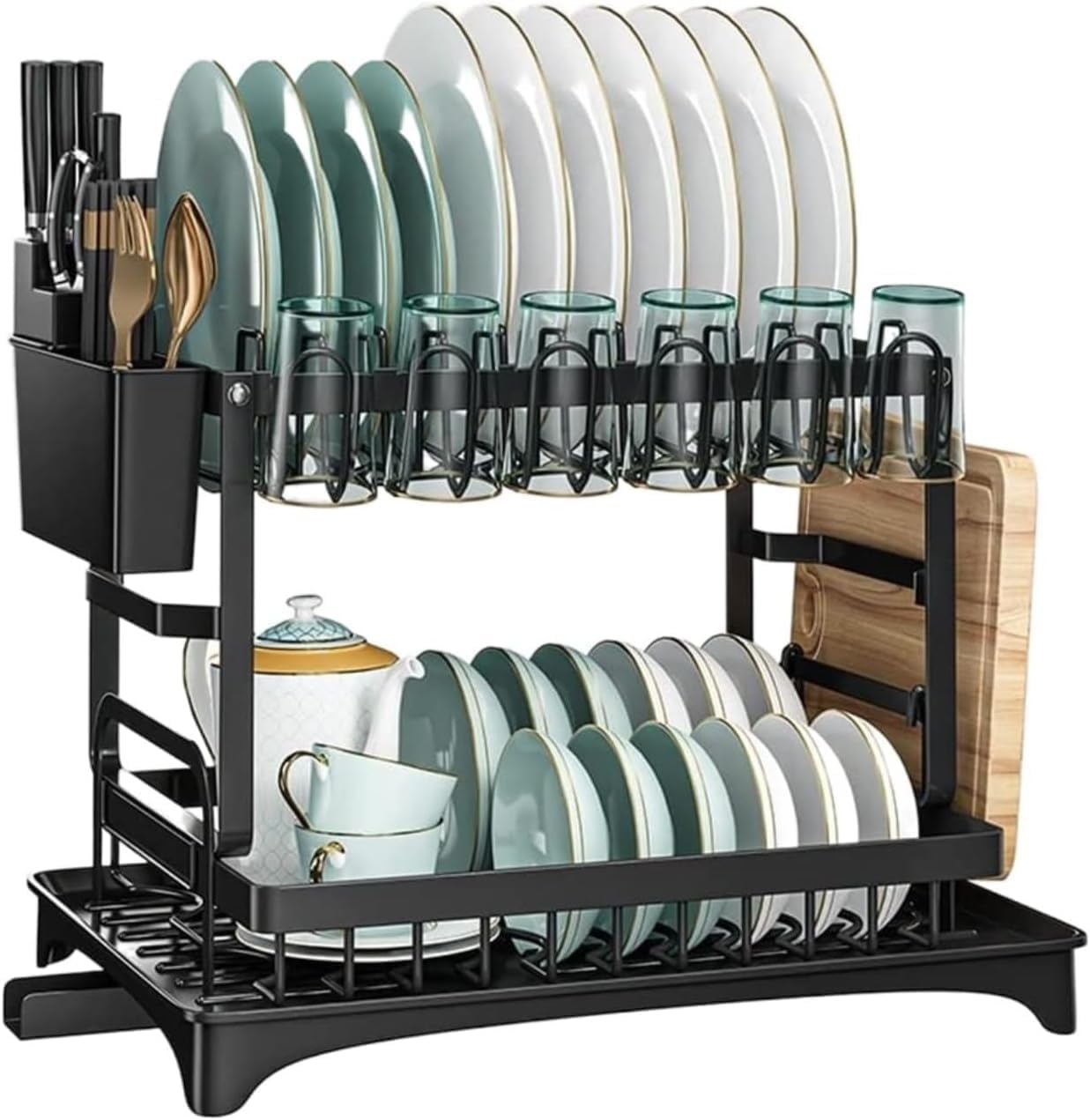 2 Tier Dish Drying Rack Stainless Steel with Auto Drainboard 360° Swivel Spout Large Capacity Kitchen Counter Organizer with Utensil Holder Cup Rack Knife Block Space Saving Black