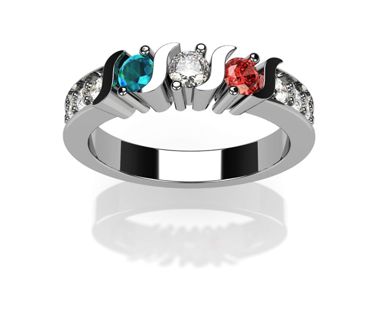 S-Bar with Sides Mothers Birthstone Ring in Sterling Silver or 10K Gold w/ 1-6 Simulated Gemstones