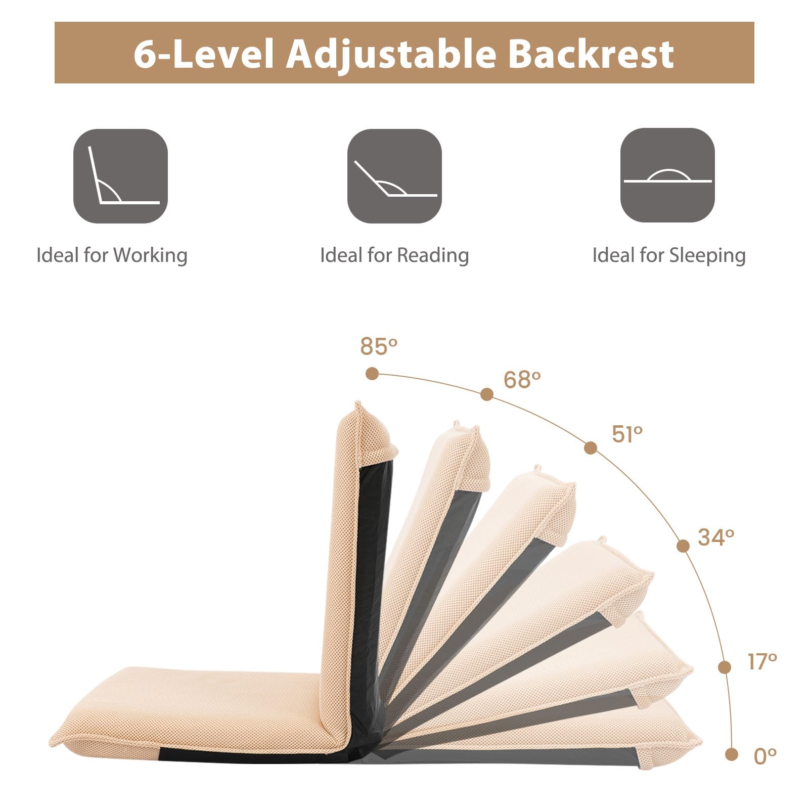 LIFEZEAL Sedia da Pavimento, Cuscino da Terra, Schienale Regolabile a 6 Livelli, Telaio in Acciaio, Imbottito in Spugna, Fodera Traspirante, Max 136kg, per Meditazione, Lettura, Relax, Lounge, Beige