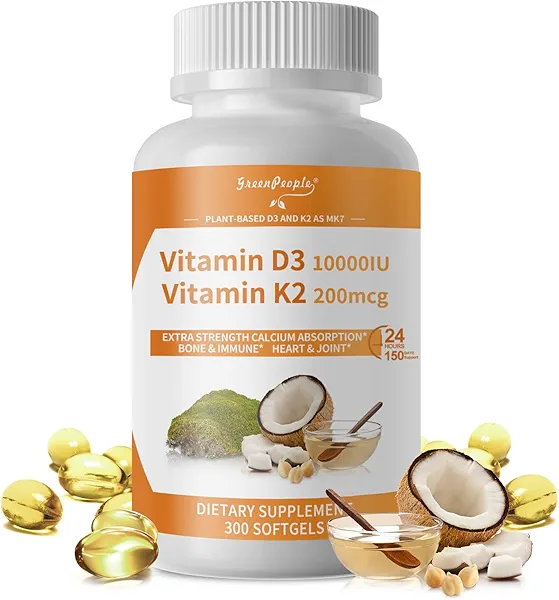 GREENPEOPLE K2 D3 Vitamin Supplement, Vitamin D-3 & K-2 MK-7, 10,000 IU/200 mcg, with Virgin Non-GMO Coconut MCT Oil | 300 Vegan Softgels | Bone Health, Immune Support
