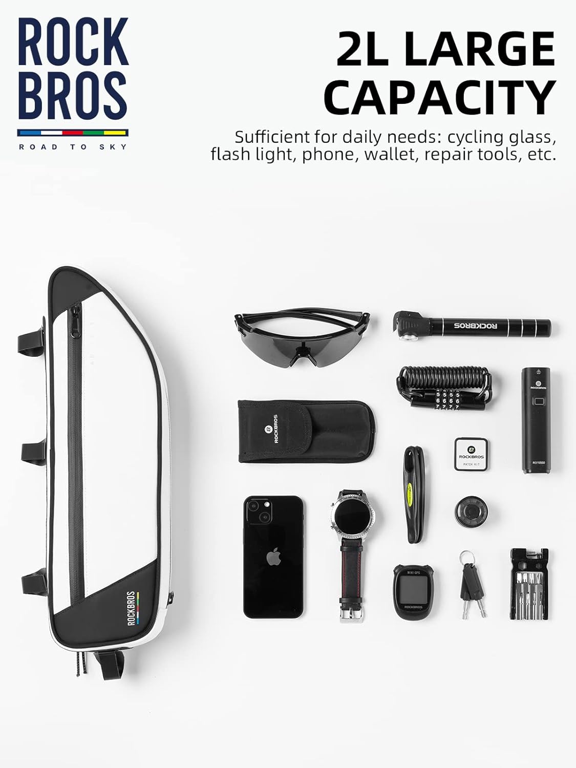 ROCKBROS Bike Frame Bag Bike Bag， 2L Waterproof Bike Top Tube Bag， Road to Sky Series Bike Bag Fits Mountain/Road Bikes