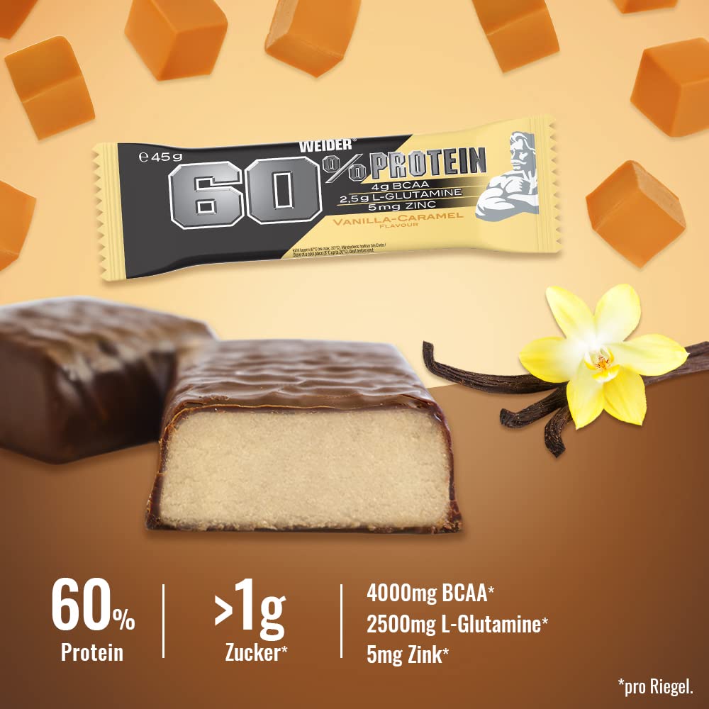 WEIDER 60% Proteinriegel, Eiweißriegel mit dem höchsten Proteingehalt auf dem Markt, High Protein Riegel mit Glutamin und BCAA für Muskelaufbau und Fitness, 24 Stück á 45g, Mix-Box