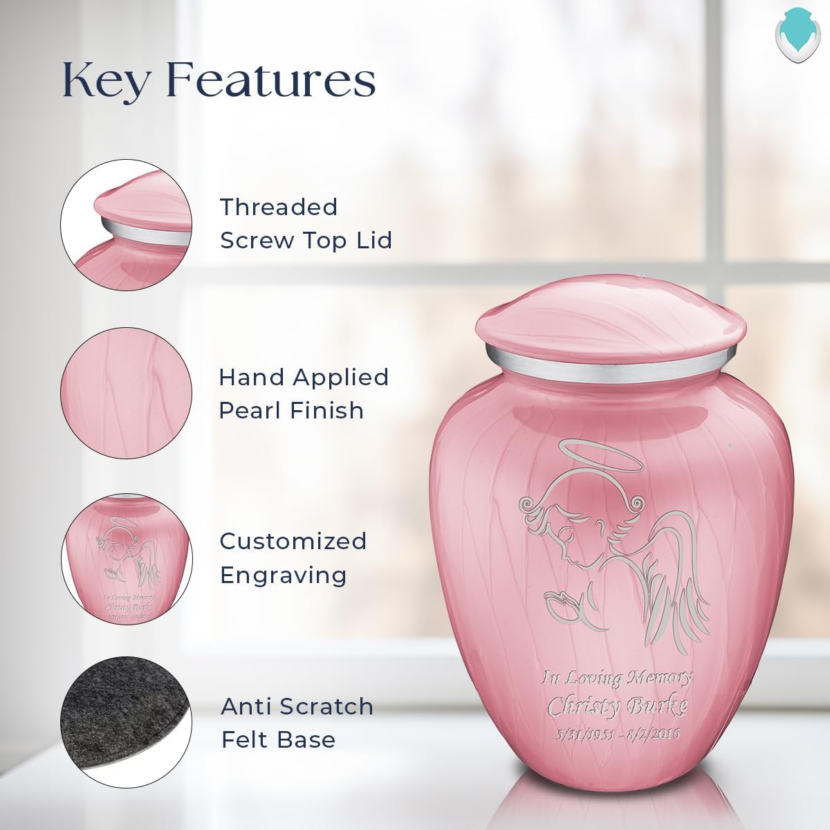Geturns - Adult Personalized Angel Cremation Urns for Human Ashes I Large Pearl Light Pink Funeral Urn for Men and Women I 200 lbs