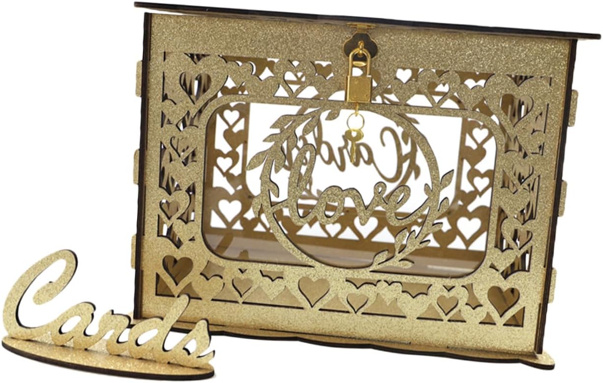 Wooden Hollow Wedding Card Box with Glitter Accent Hollow Design Card Container for Anniversary and Reception for Greeting and Envelope Storage