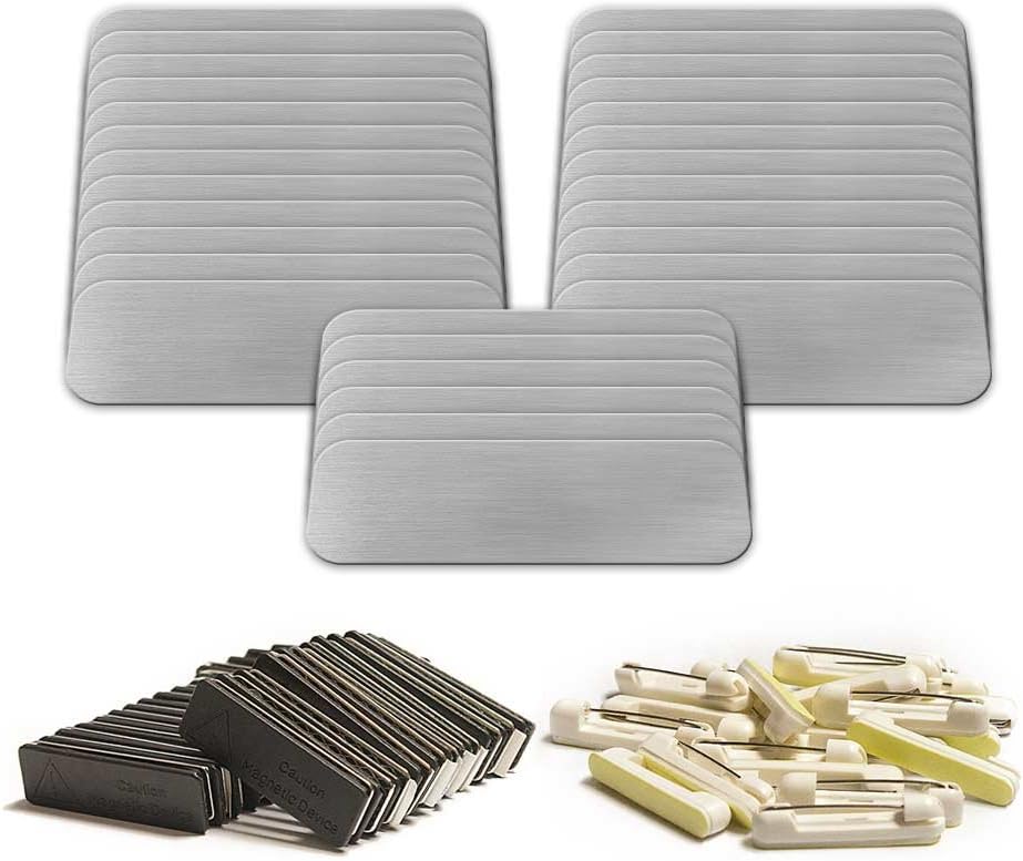 Blank Name Tag with Pin Fasteners 25pk Kit Includes Magnet | Metal Name Tags with 1" x 3"Rounded Finished Corners - (Brushed Silver)