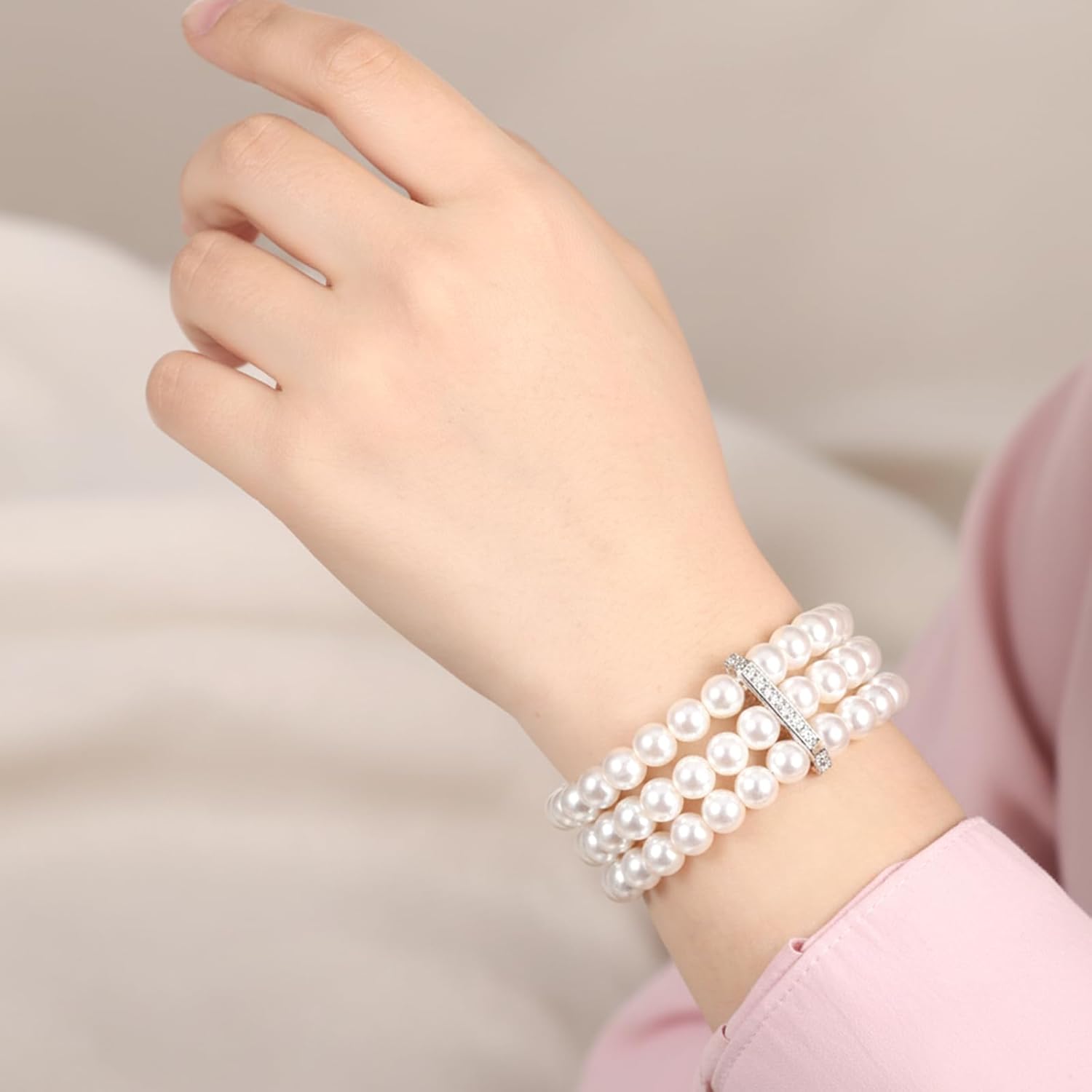 2Pcs Pearl Cuff Bracelet, 1920s Flapper Imitation Pearl Bracelet Multi-Layered Elastic Bangle Vintage Bracelets Women Bridal Wedding Jewelry Roaring 20s Accessories Jewelry - Image 4