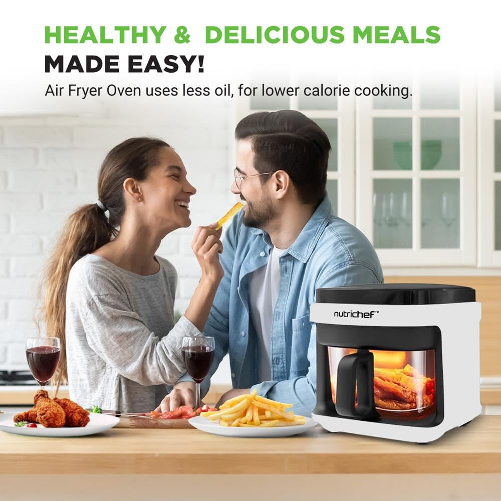 NutriChef Freidora de aire caliente de 5,5 L, color blanco, 8 en 1, con recipiente de cristal y pantalla táctil LED, para freír sin aceite, circulación de aire caliente de 360°, para patatas, pollo