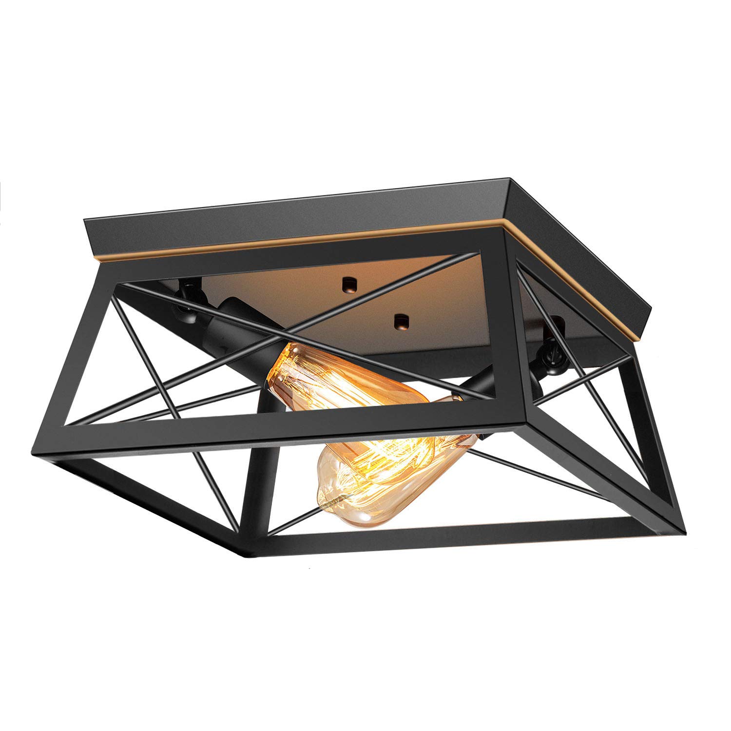 PynsseuIndustrial Ceiling Light, 2 Lights Farmhouse Semi Flush Mount Ceiling Fixture for Kitchen Island Dining Room Bedroom Foyer Hallway, 1 Pack, Black