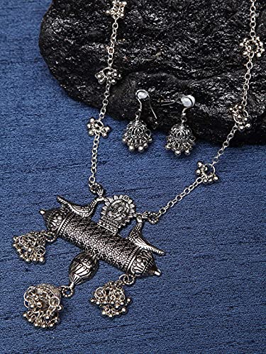 Oxidised Long Chain Pendant Earrings Set
