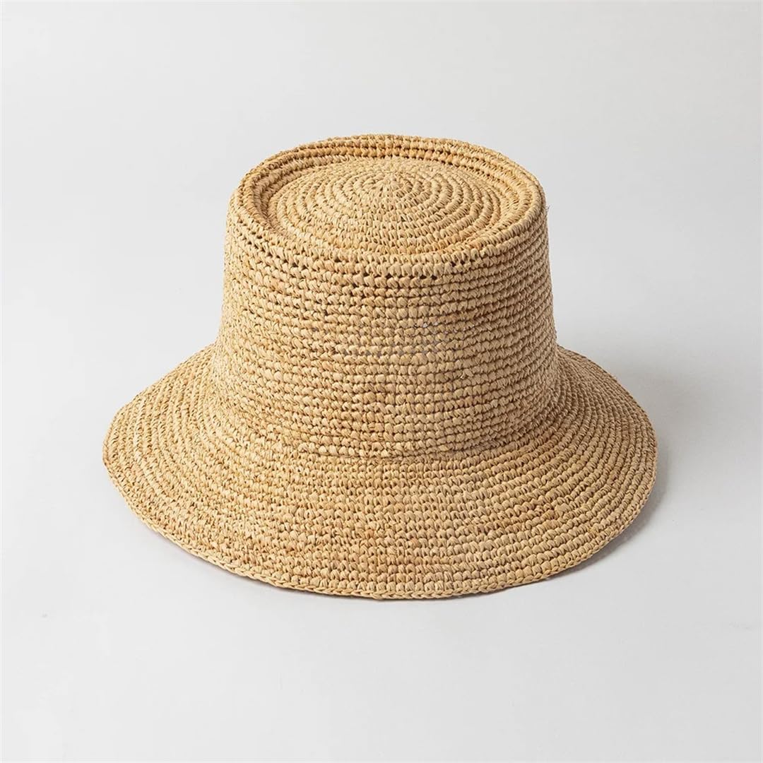 Women's Solid Color Raffia Straw Bucket Hat Casual Handmade Crocheted Straw Hat