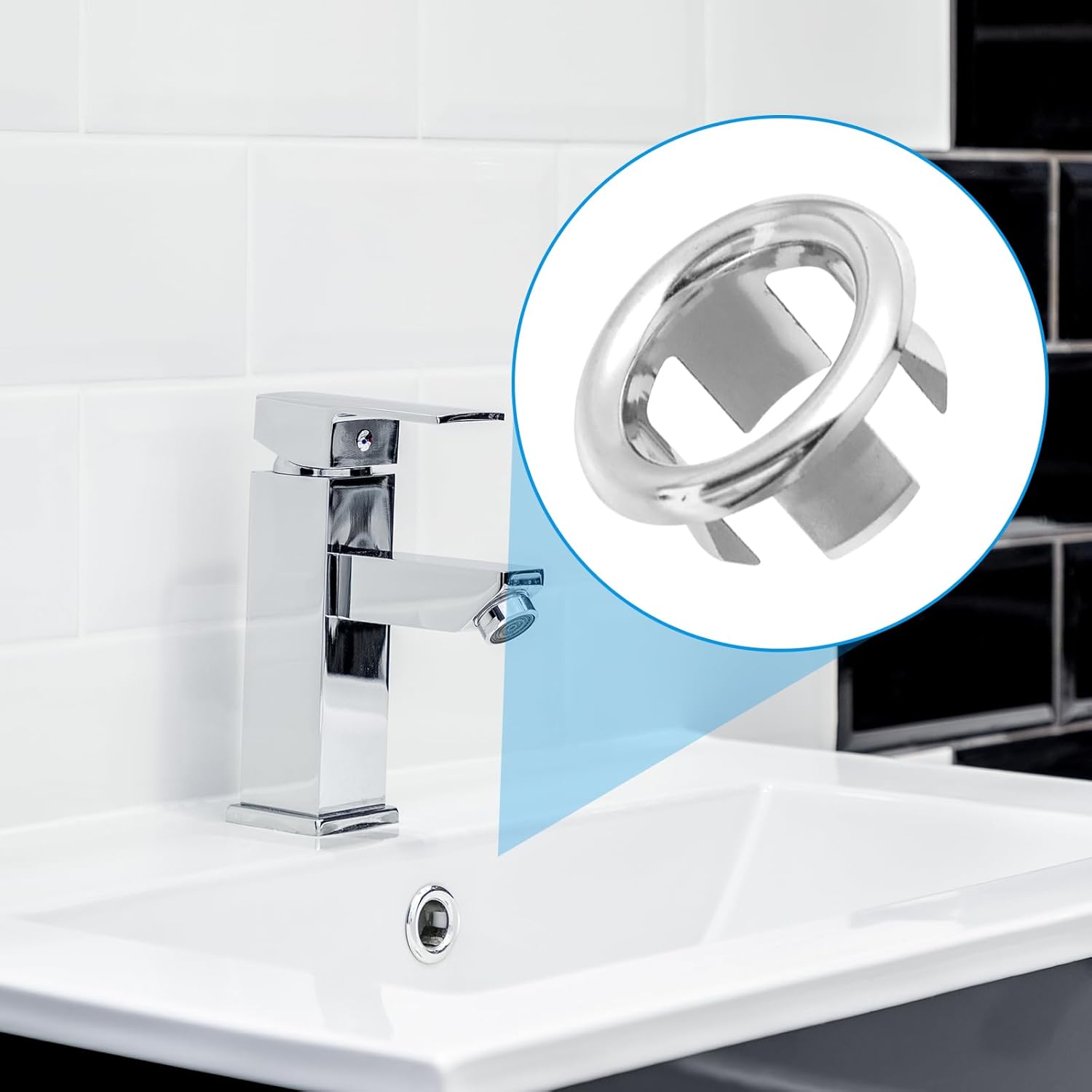 8Pcs Bathroom Kitchen Sink Overflow Ring,Bathroom Kitchen Sinks Basin Trim Cover Round Hole Insert in Caps,Hollow Ring Triangle Replacement Ceramic Pots(Black+Silver)