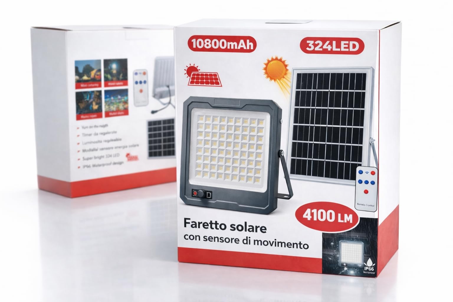 Generico Faro LED Solare 4100 Lumen con Sensore di Movimento, 324 LED SMD 2835, Pannello Separato 13W in Vetro, Batteria 10800mAh, Telecomando, IP66, per Giardino, Cortile, Esterno