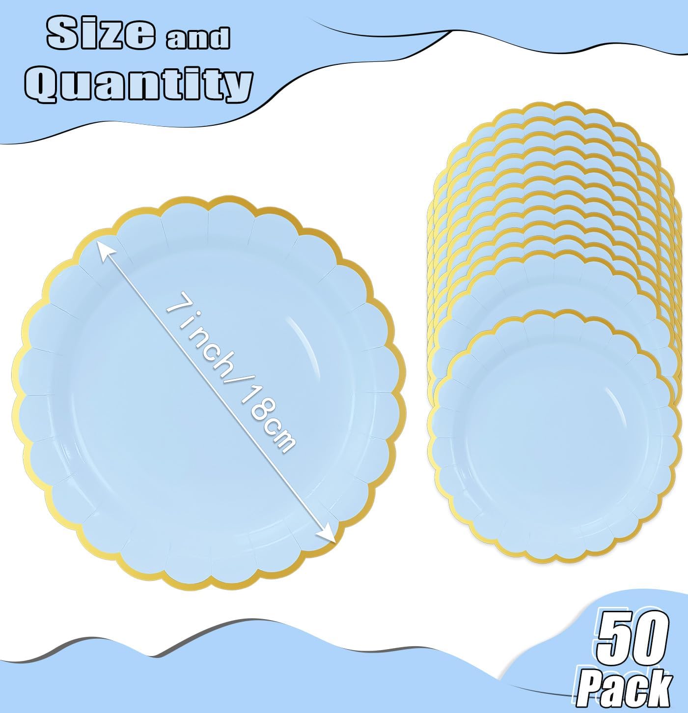HEIPINIUYE 50 Pieces Light Blue Paper Plates with Gold Foil 7 Inch Disposable Baby Blue Scalloped Dinner Plates for Wedding Baby Shower Birthday Party Dessert Plate - Image 2
