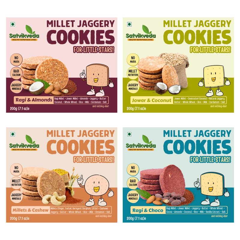 Satvikveda Assorted Biscuits Pack of 4 - Ragi Almonds 200g, Jowar Coconut 200g, Millets Cashew 200g & Ragi Choco 200g | Millet Jaggery Cookies | Clean & Healthy Snacks for Kids & Adults (B0D45H1C84) Amazon Price History, Amazon Price Tracker