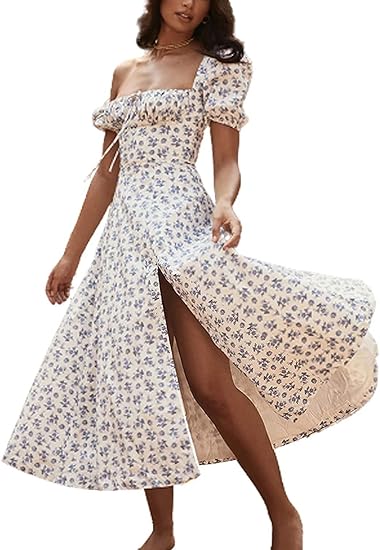 Women's Summer Bohemian Floral Print Sleeve Beach Party Ruffle Split Maxi  Dress Y2k Retro E-Girl 90s Long Dress (Colour: Beige, Size: XL) :  Amazon.de: Fashion