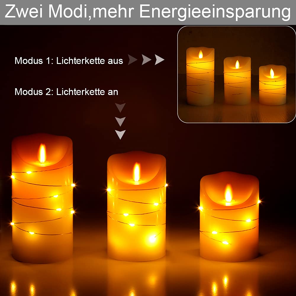 3 candele a LED senza fiamma, con catena luminosa incorporata, 3 pezzi, bianco caldo, in vera cera, set di candele a LED (4 5 6), con telecomando a 10 tasti, funzione timer