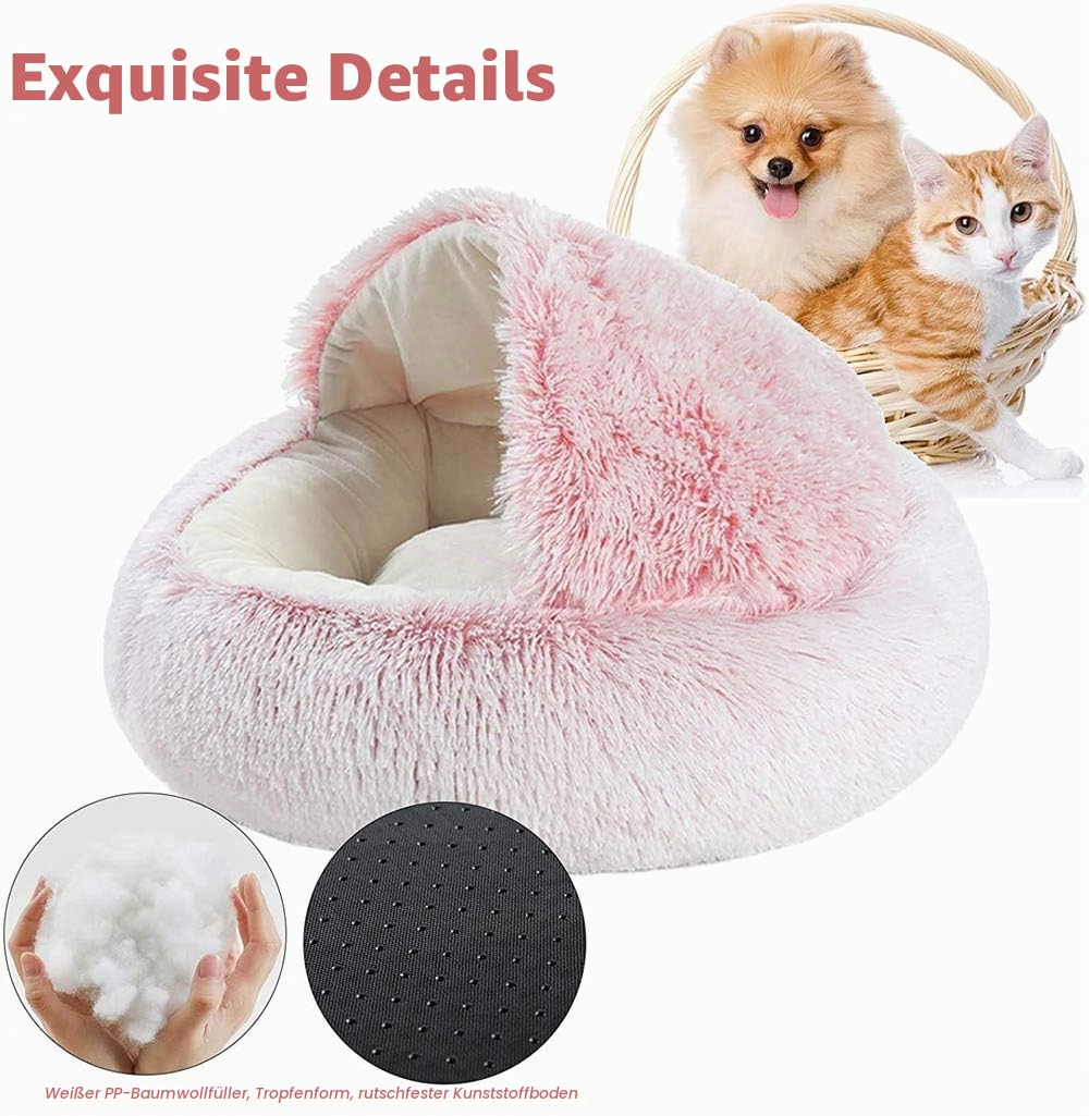 linlinfa Flauschiges Katzenbett, rund, weiches Plüsch, Höhle mit Kapuze, für den Winter, warm, Schlafkissen, rutschfest, maschinenwaschbar, für Katzen und Welpen-Grau-Kurzer Plüsch