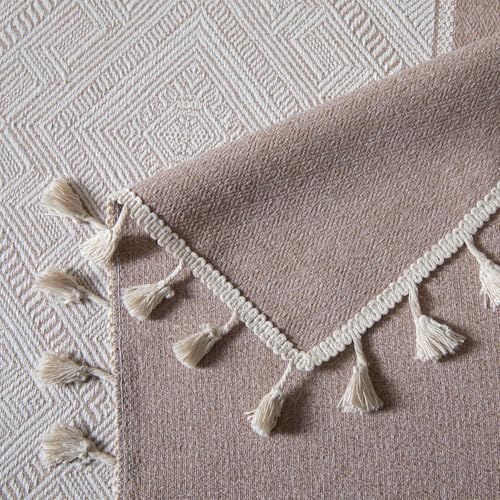 Nappe rectangulaire en tissu tissé avec pompons style naturel - 7