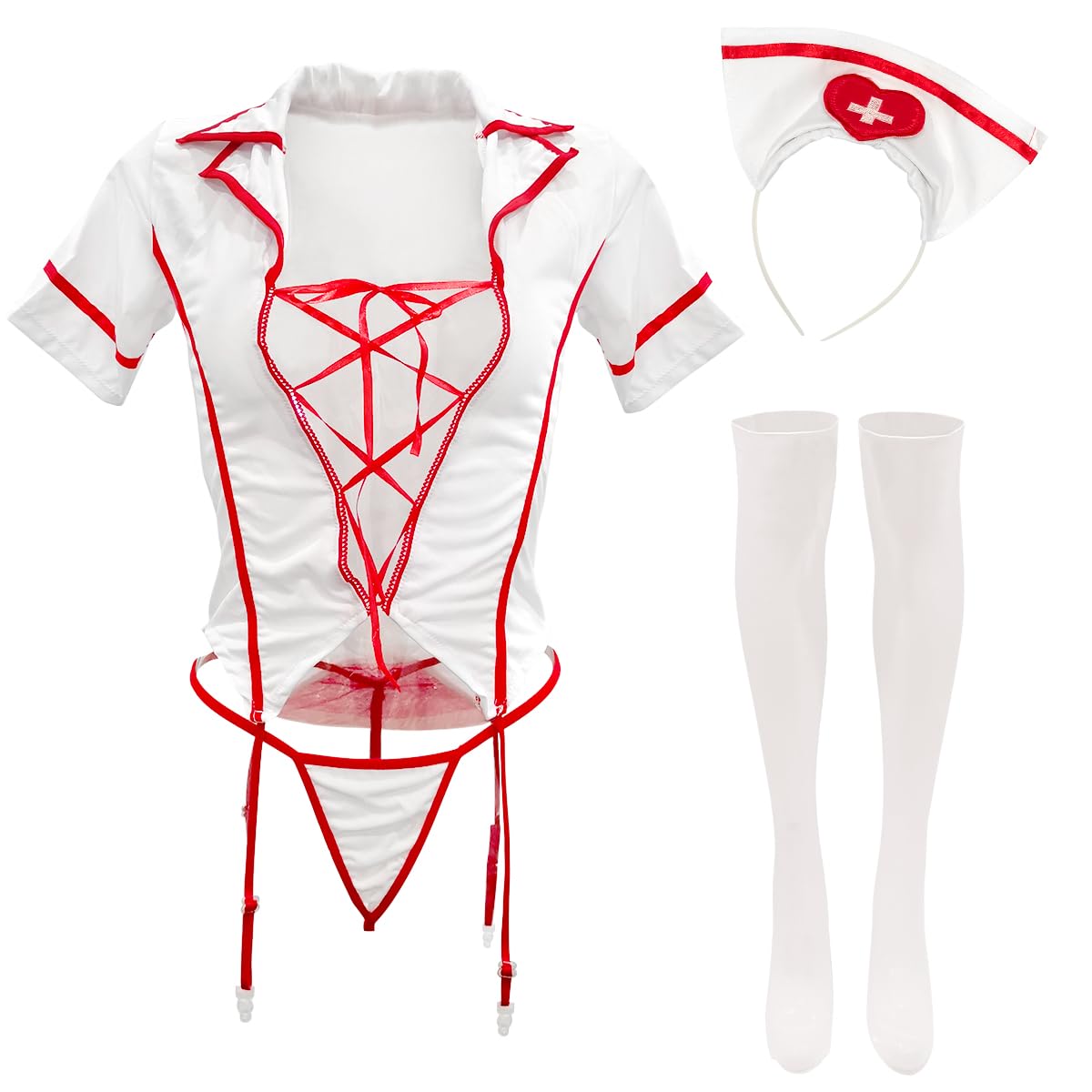 Set di Lingerie Sexy da Donna Infermiera Cosplay, Senza Schienale Pigiameria Babydoll Biancheria da Notte, Infermiera Cattiva Gioco di Ruolo Mini Vestito Costume per San Valentino