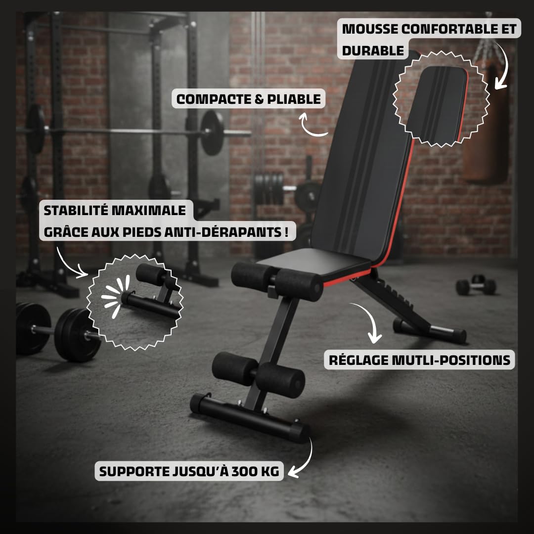 Banc de Musculation Pliable - Réglages Multiples 8 Positions - Développé Couché Inclinable Déclinable - Appareil Maison Compact - Chaise avec Dossier Confort – Support 300 kg