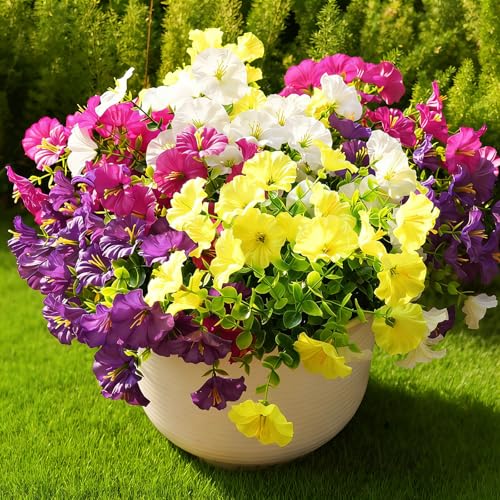 Fanfantoey Artificial Flowers for Outdoor, UV Resistant Fake Plants Outside Decoration, 14 Pcs Realistic Silk Morning Glory Faux Flowers for Porch Patio Gardens Home Decor(14, 4 Mixed)