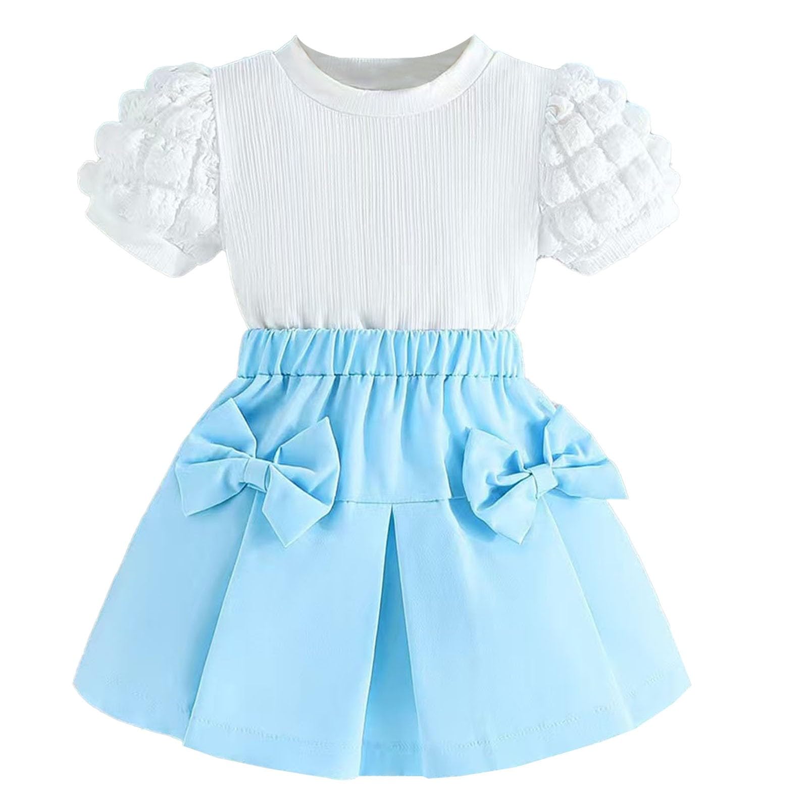 Toddler Baby Girl Skirt Set Kids Summer Outfits Puff Short Sleeve Ribbed Top + Bow Pleated Skirt Fashion (Blue, 7 Years)