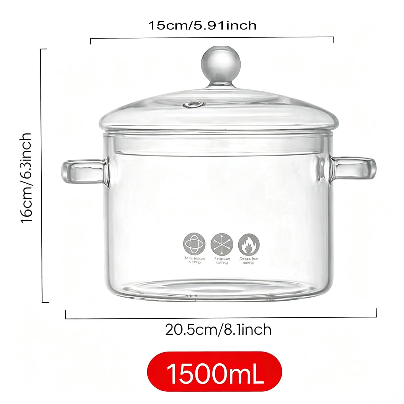 Pentola in Vetro Trasparente per Cucinare, 1,5 l, Adatta per fornelli e Forno, con Coperchio.