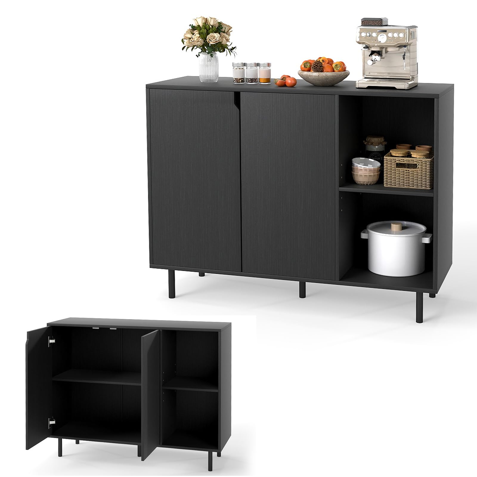 KOMFOTTEU Buffet Cuisine, 1 Armoire à Portes & 2 Étagère Ouvertes, Meuble Cuisine avec Dispositifs Anti-basculement, Armoire Rangement, 106 x 38 x 80 cm, pour Salon, Salle à Manger, Chambre (Noir)