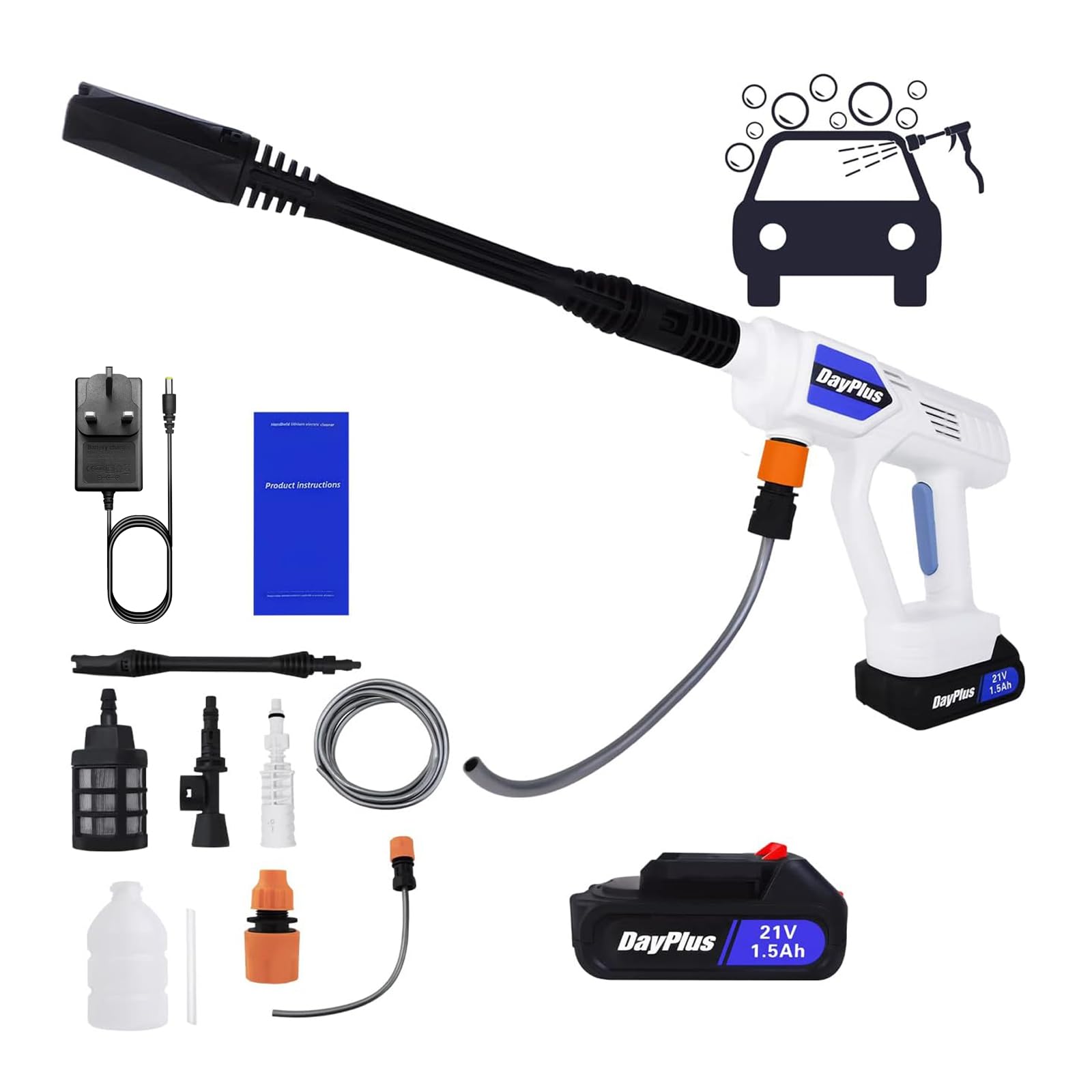 Cordless Pressure Washer, Portable Pressure Washer with Variable Nozzle for Car/Fence/Garden/Patio/Swimming Pool, with 1x1500mah Lithium Ion Battery.
