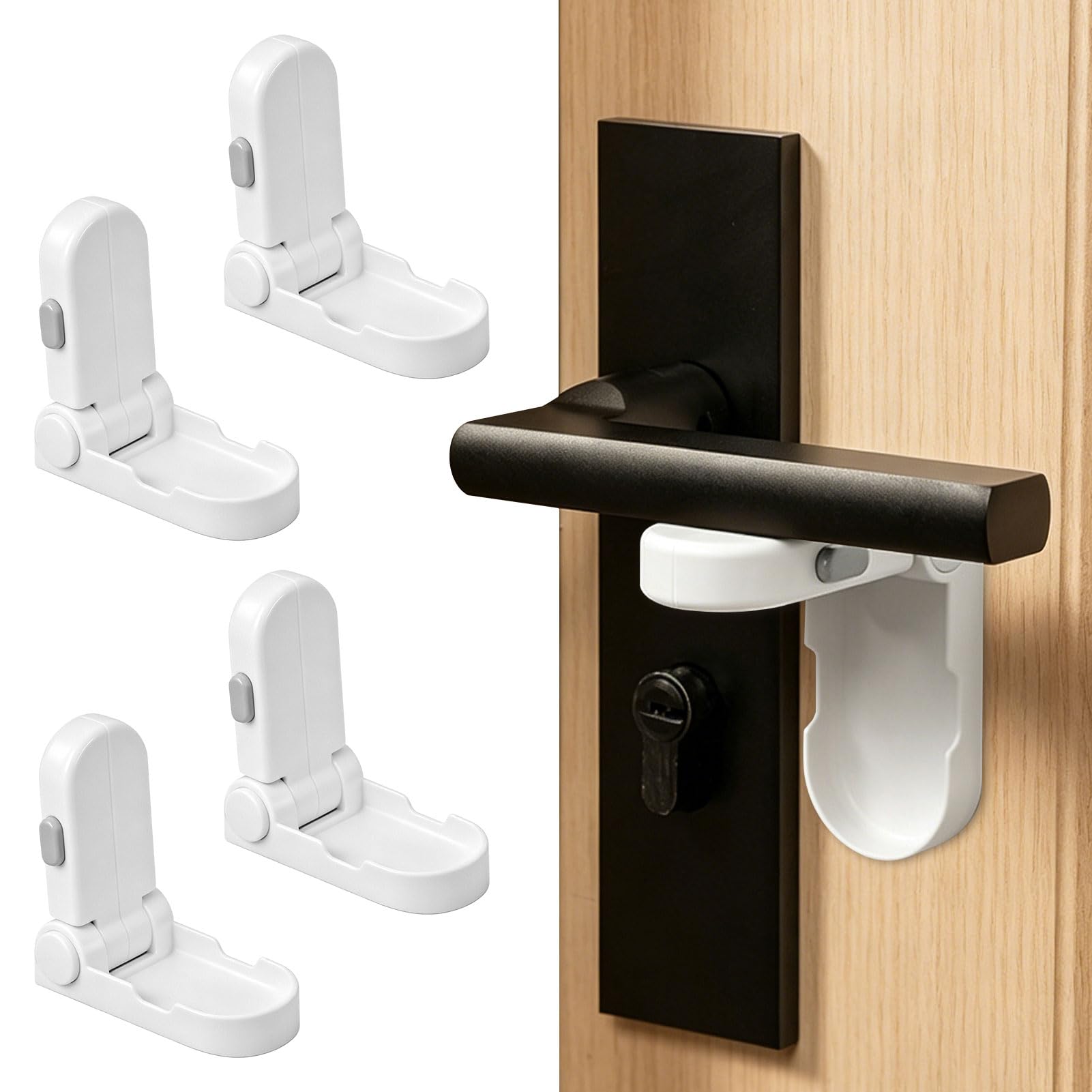 Child Door Handle Lock Without Drilling for Bedrooms, 4PCS White Childproof Door Locks, No Drill Installation, Reusable Sticky Pads, Universal Fit for Most, Easy to Use Child Safety Device