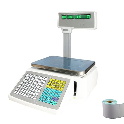 INTSUPERMAI Báscula de cálculo de precios Balanzas de conteo comercial digital con impresora térmica de cuatro ventanas con varilla vertical