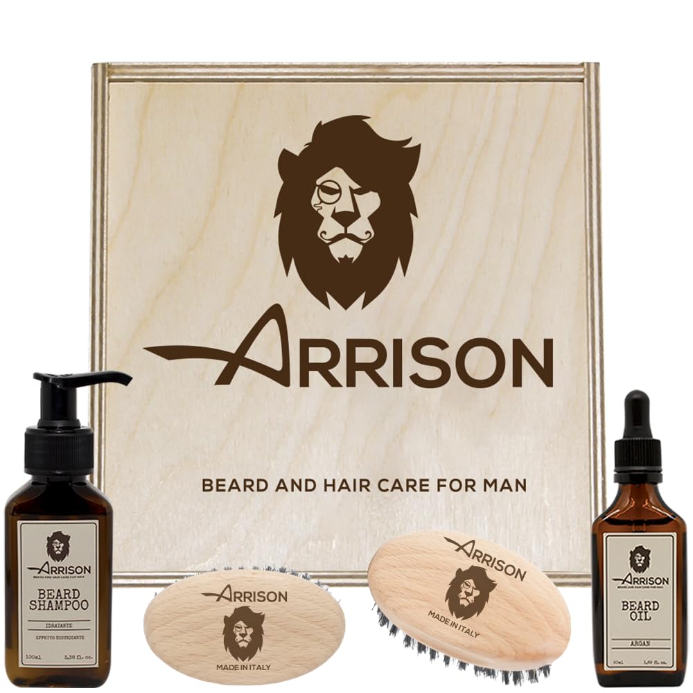 ARRISON Kit Barbe Homme Fabriqué en Italie Boîte en Bois de Bouleau Shampoing Huile à Barbe Brosse en Bois de Hêtre Poils de Sanglier