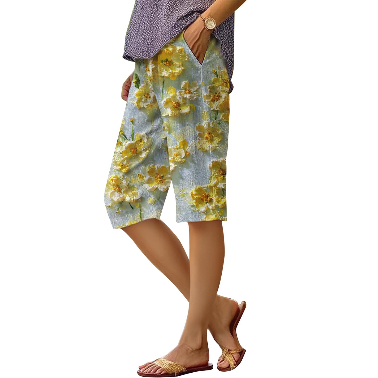 Womens Summer Casual Floral Boho Beach Pants Loose Knee Length Athletic Bermuda Shorts with Pockets Vacation Outfits
