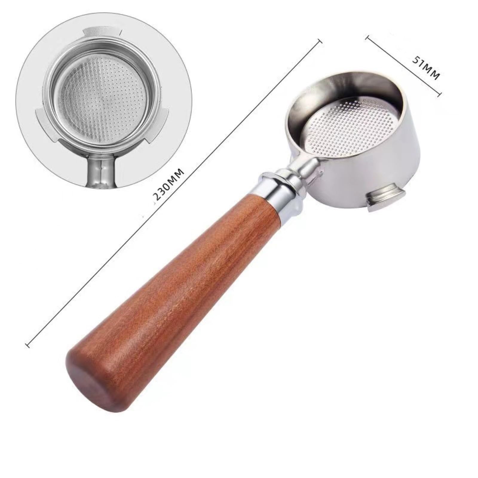 Portafiltro Compatible Con De'Longhi Dedica EC680/EC685. | Portafiltro sin fondo de 51 mm y 3 orejas con mango de madera - Cesta de filtro de repuesto for barista(B.230X51mm)